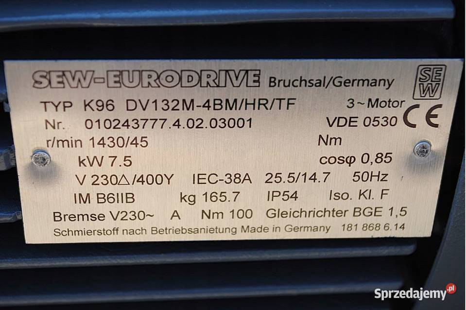 Motoreduktor kątowy 75kw 45obrmin Firmy SEW z Kargowa