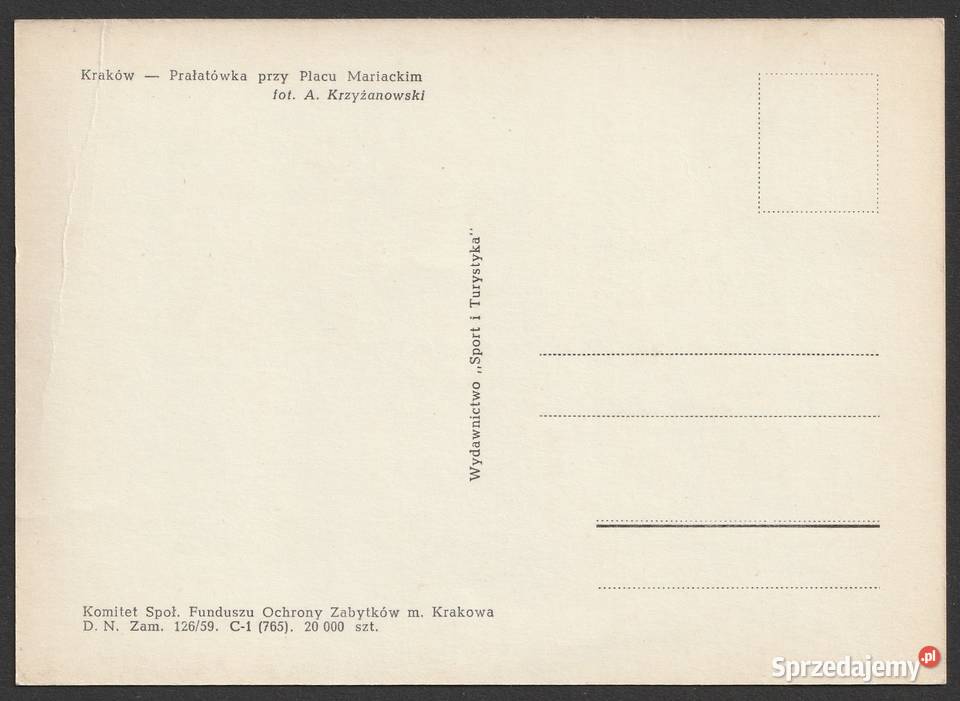 KRAKÓW PRAŁATÓWKA PLAC MARIACKI 1959 bez obiegu łódzkie