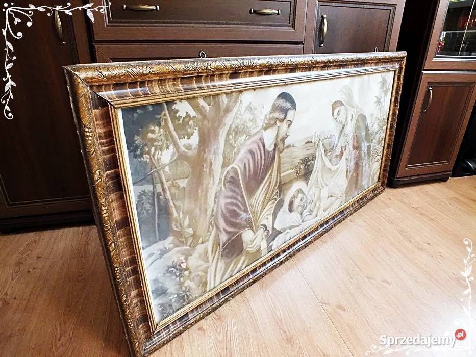 Stary DUŻY Obraz Świętej Rodziny 130x63 W ramie Żary