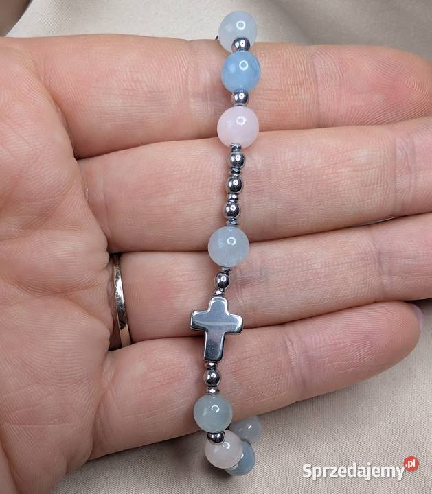 Bransoletka różaniec kamienie morganit krzyżyk Bransoletki