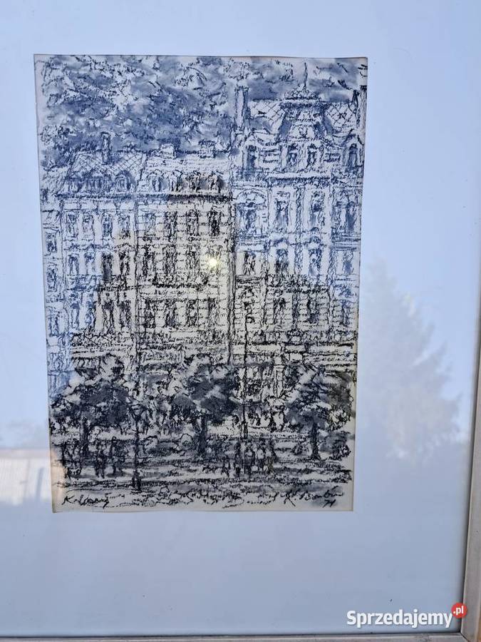 Stary obraz sygnowany szklem w ramie dolnośląskie Lubań