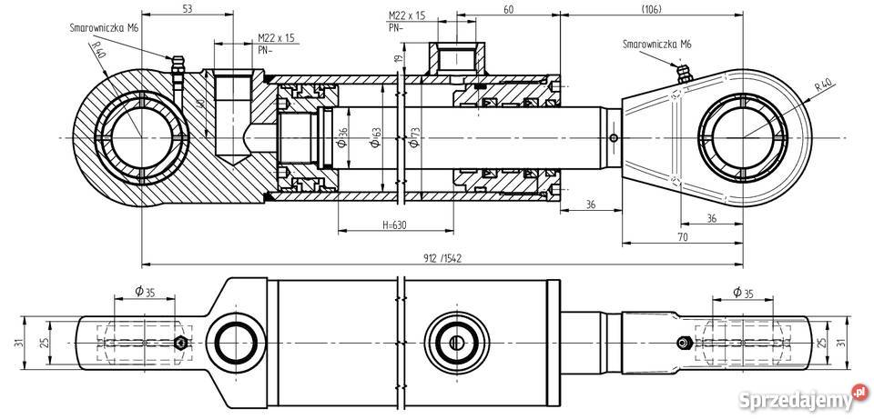 SIŁOWNIK HYDRAULICZNY CYLINDER TŁOK SKOK 630 Solec Kujawski