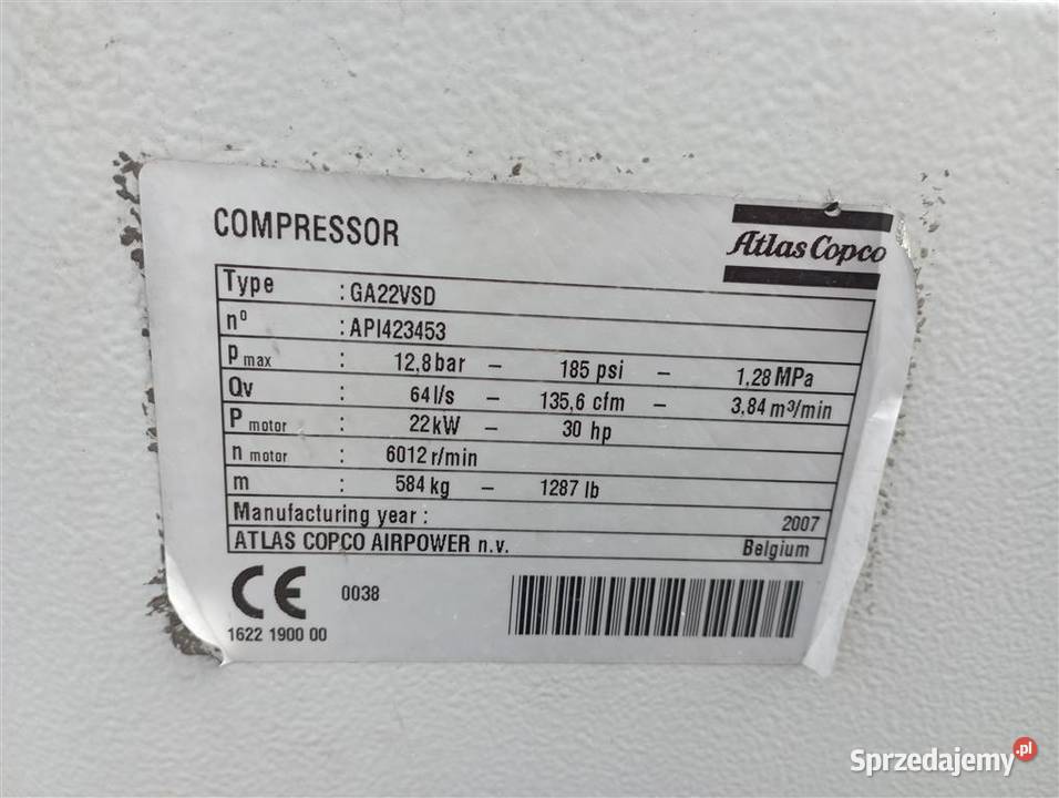 Sprężarka śrubowa Atlas Copco GA22 VSDFF22 Wilków