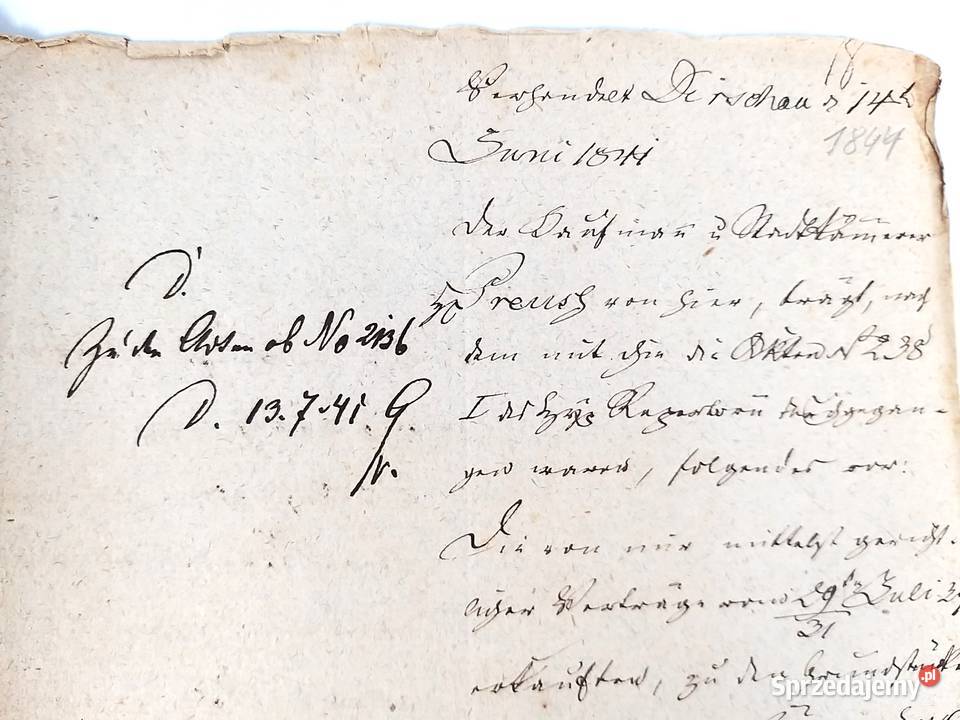 Stary dokument w języku niemieckim z 1844r Tczew Bronisze