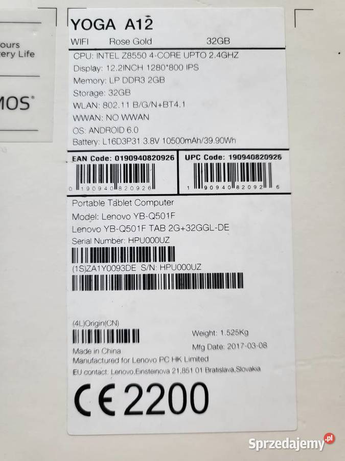 Tablet Lenovo Yoga A12 seniora na wspaniały Przekątna ekranu 12.2 sprzedam
