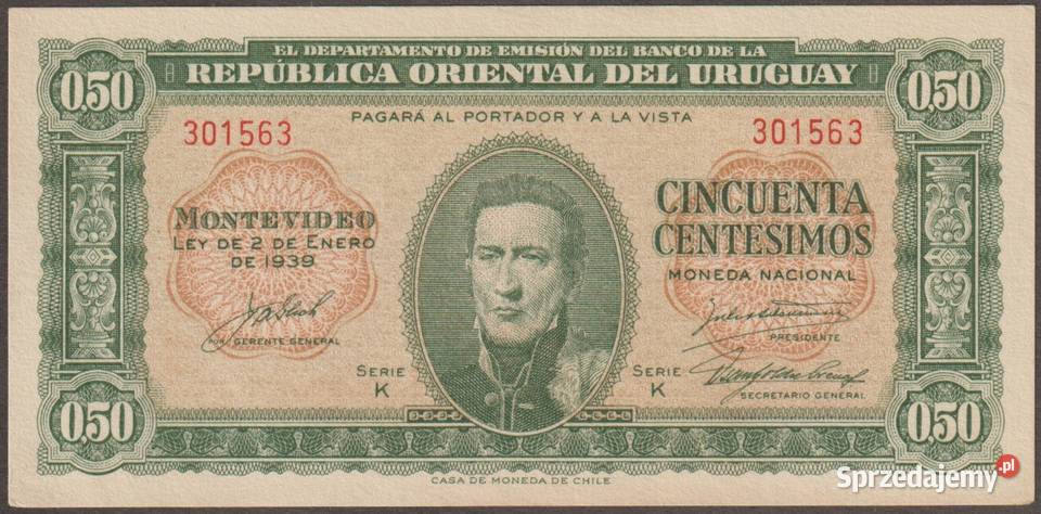 URUGWAJ 50 CENTESIMOS 1939 STAN BANKOWY UNC