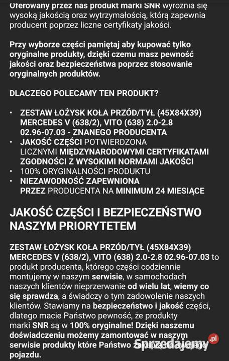 SNR Nowe Łożysko Koła Piasty Przod Mercedes V Skawina