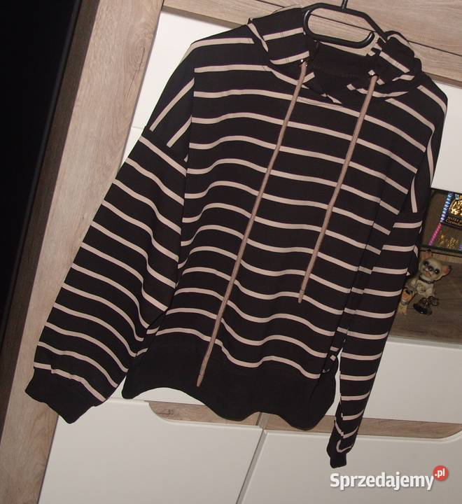 Bluza MEGI czarno beżowe paski z kapturem r LXL