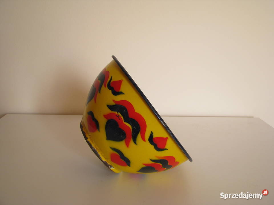 Piękna stara metalowa emaliowana na żółto miska małopolskie Brzegi