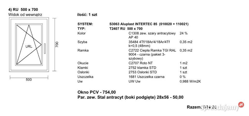Okno 3 szybowe 55x75 antracyt parapet Okna ścienne wielkopolskie Gniezno