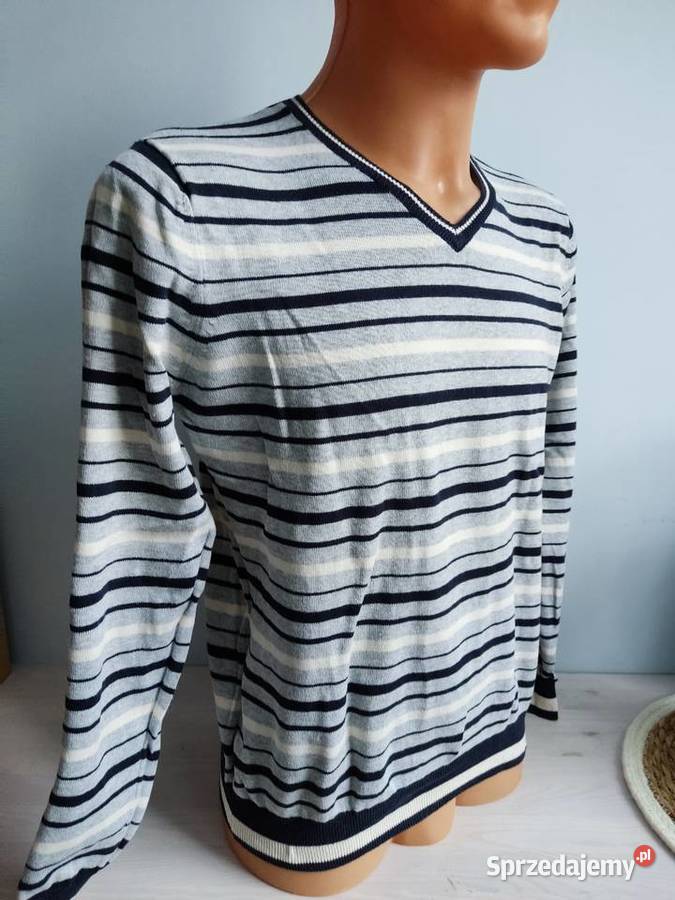Sweter serek Springfield w paski szaro kremowo niebieski Głuchołazy