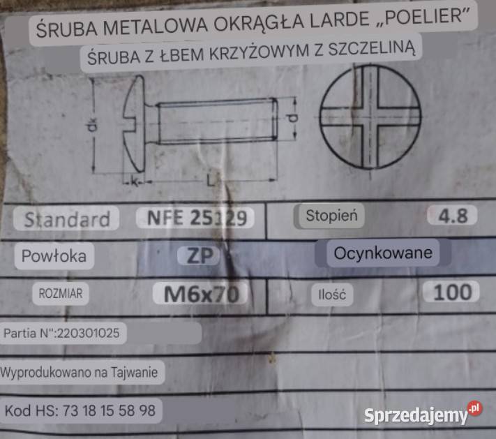Śruby zamkowe M 6x70 ocynkowane KARTONIK Ostrów Wielkopolski sprzedam