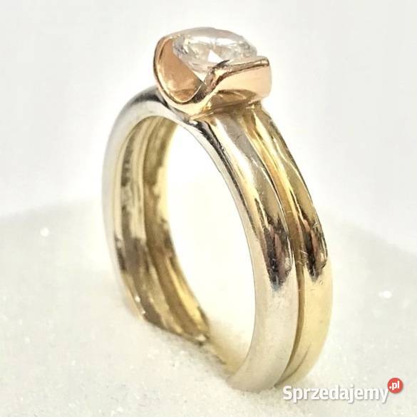 Złoty PIERŚCIONEK 14K trzy KOLORY złota KAMIEŃ Warszawa