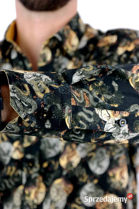 DANIEL BESSI Koszula Męska Fb068 Czarna Wąż Róże Ostrów Wielkopolski