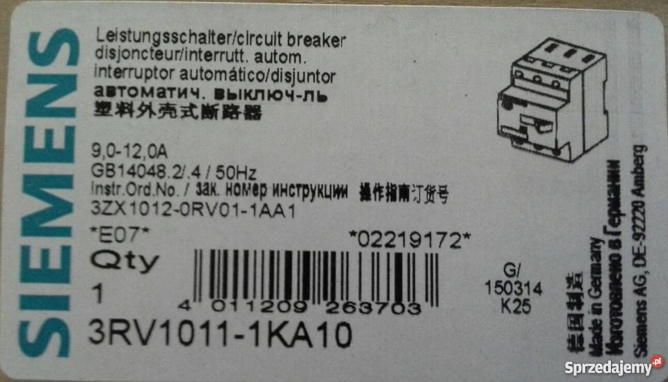 Wyłącznik silnikowy 3RV10111KA10 Siemens Zabrze