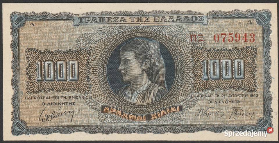 GRECJA 1000 DRACHM 1942 STAN BANKOWY UNC Łódź sprzedam