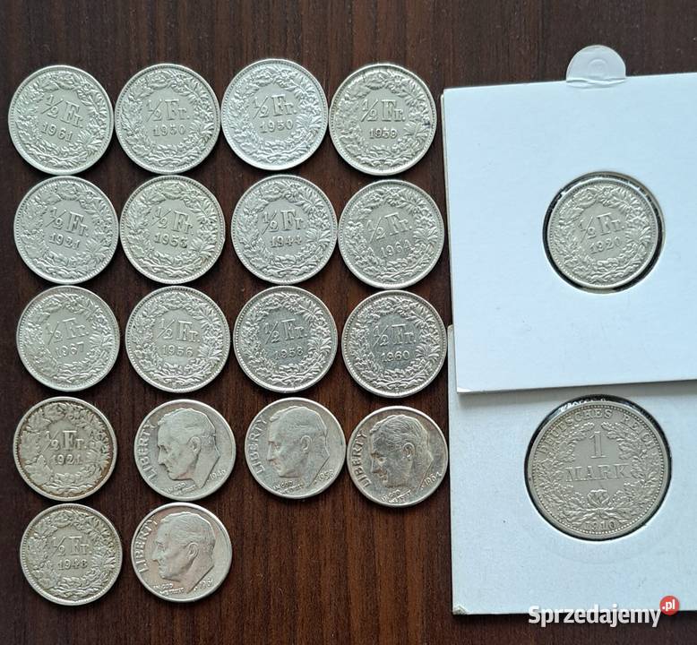 Srebrne monety 15 franka 10 centów one dime Szczecin
