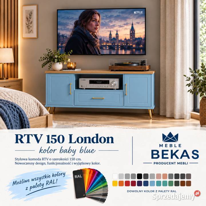 Komoda RTV LONDYN 150 2D1s Baby Blue BLAT Dębowy