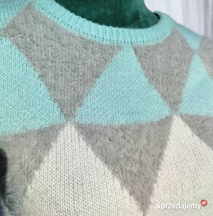 Miętowy sweter M 38 kratka romby szachownica Szczecin