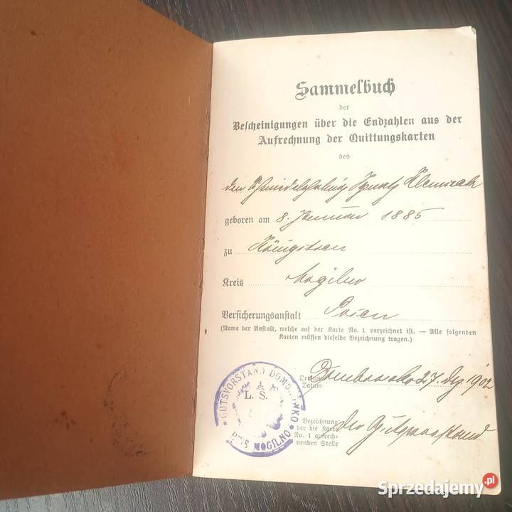 Książeczka ubezpieczeniowa Królewiec 1912r język Bronisze