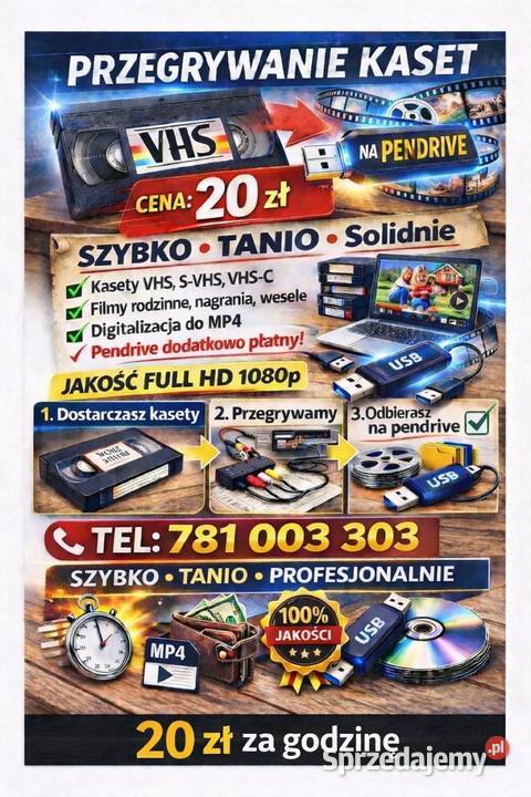 PRZEGRYWANIE KASET VIDEO VHS NA PENDRIVE Gniezno Pozostałe usługi