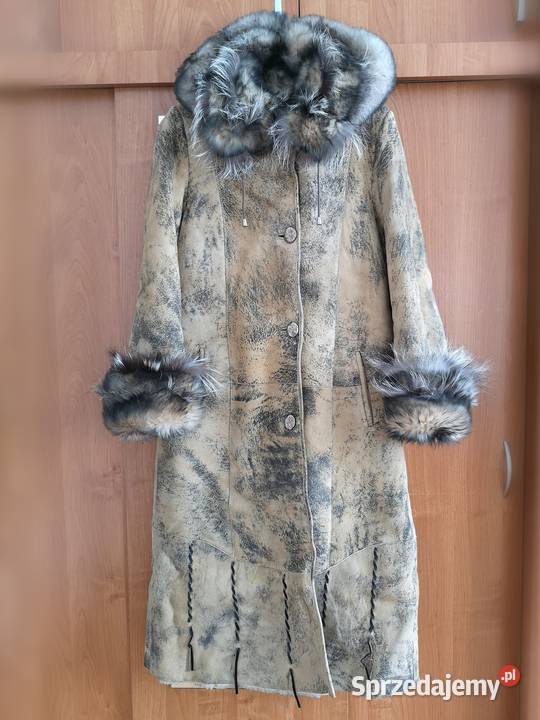 Kożuch naturalny damski z kapturem rXL 42 brązowy/beżowy