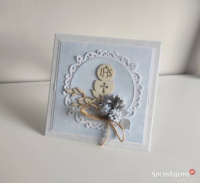 Kartka ręcznie robiona Komunia Święta niebieska Łódź