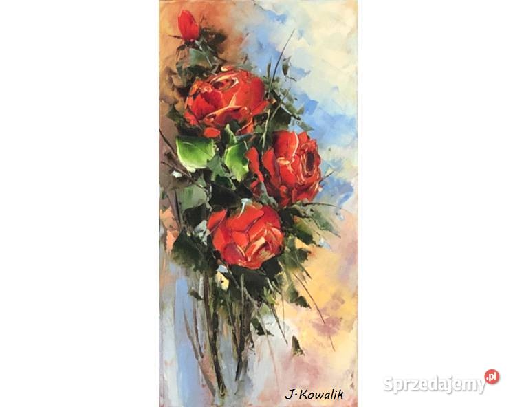 Kowalik Czerwone róże 20x40 obraz olejny kwiaty Warszawa