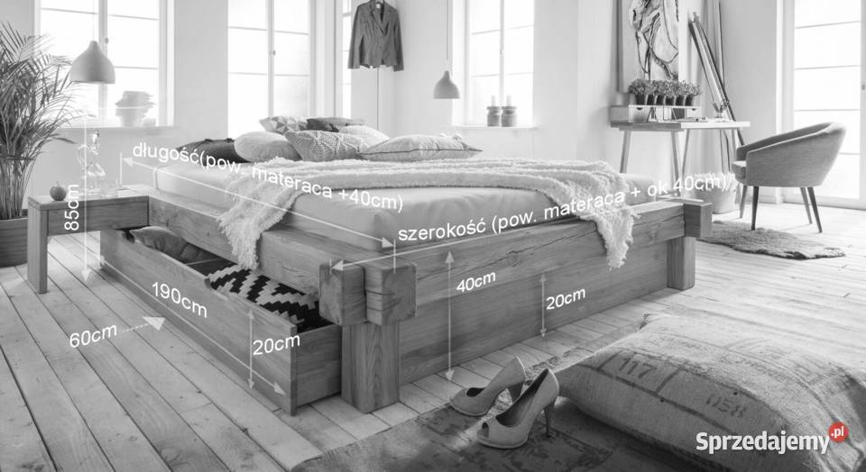 Rustykalne masywne łóżko dębowe z szufladami 200cm Warszawa