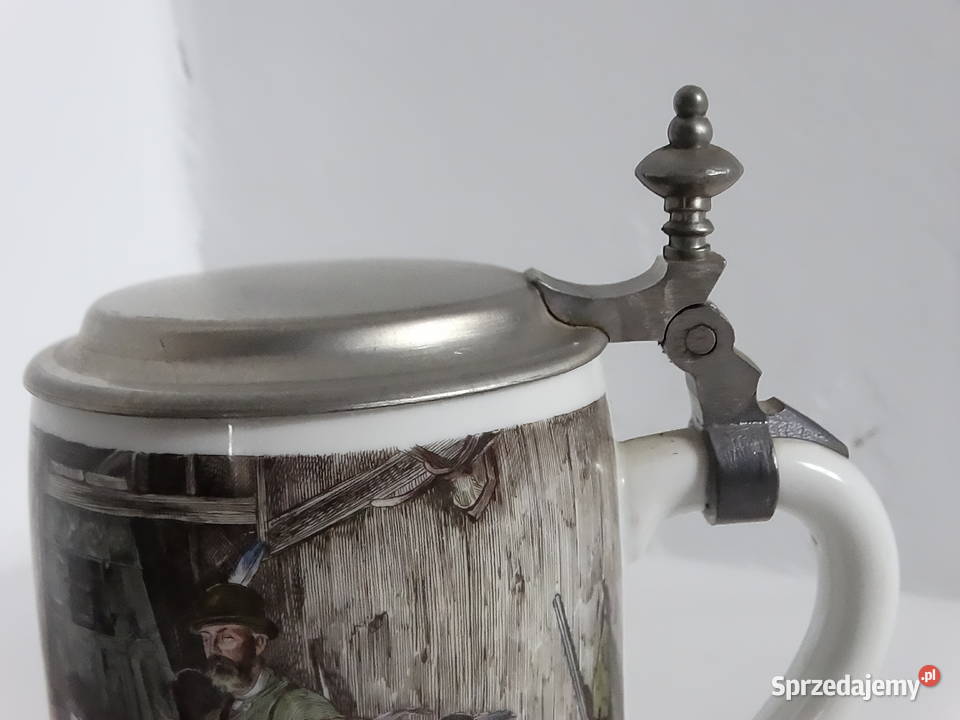Zabytkowy porcelanowy kufel z cynową pokrywką Szklanki i kufle Zastawa stołowa lubelskie Biłgoraj