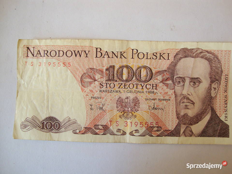 banknot  100 zł Waryński;  TS 3195555; z  01.12.1988