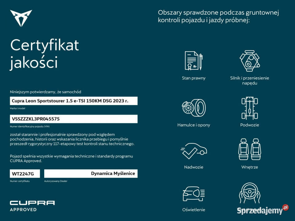 Cupra Leon Sportstourer 15 eTSI 150 DSG 2023 r immobilizer małopolskie Myślenice sprzedam