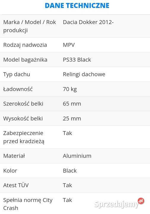 Dacia Dokker 2012 Relingi dachowe Aguri 33 black mazowieckie Legionowo