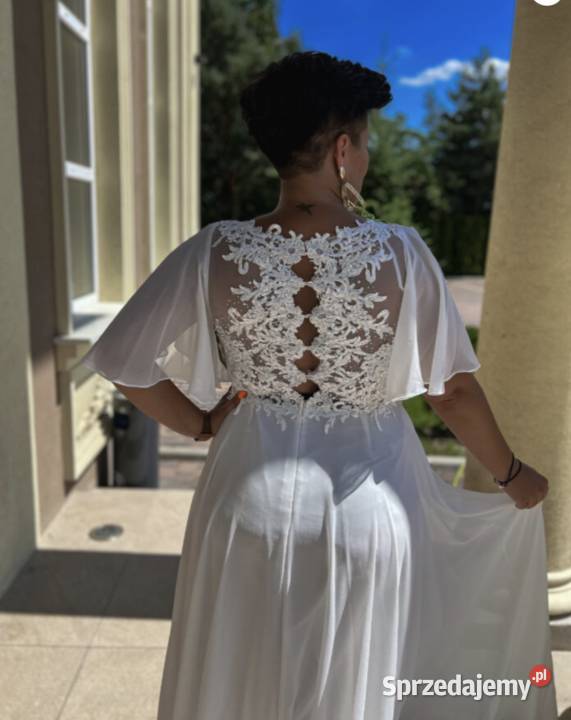 Suknia ślubna glamour zwiewne rękawki koronka Damska Jelenia Góra