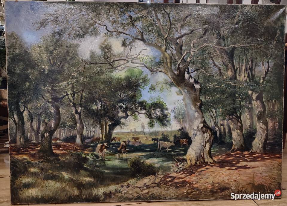 Olbrzymi stary epokowy obraz olejny pomorskie Kartuzy