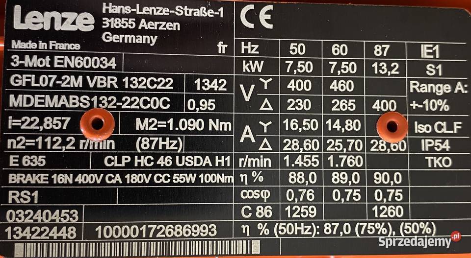 motoreduktor przekładnia 75kW 636obr HAMULEC Pigża sprzedam