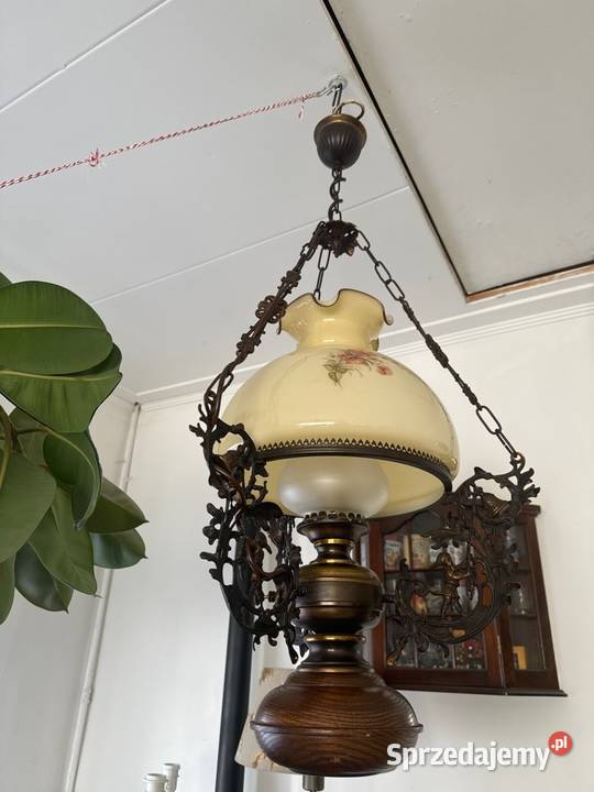 Śliczna lampa naftowa żyrandol drewno mosiądz Bystrzyca Kłodzka