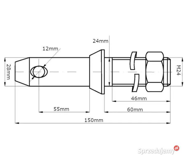 Sworzeń cięgła dolnego 28x150 mm gwint M24x46 mm Kamionna