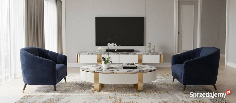 Stolik kawowy biały ława na złotych nogach Stoliki kawowe i ławy Golkowice