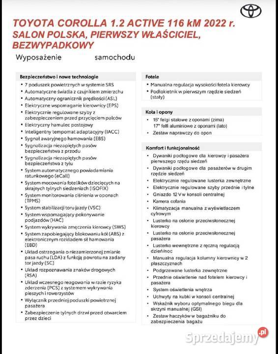 Na sprzedaż Corolla XII 2022 manualna Płock sprzedam