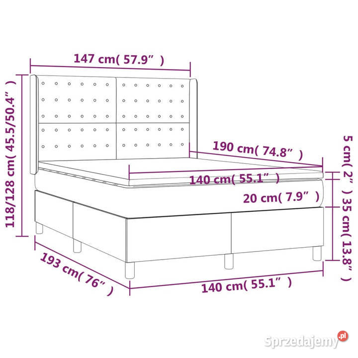 Łóżko kontynentalne z materacem różowe aksamit 147cm