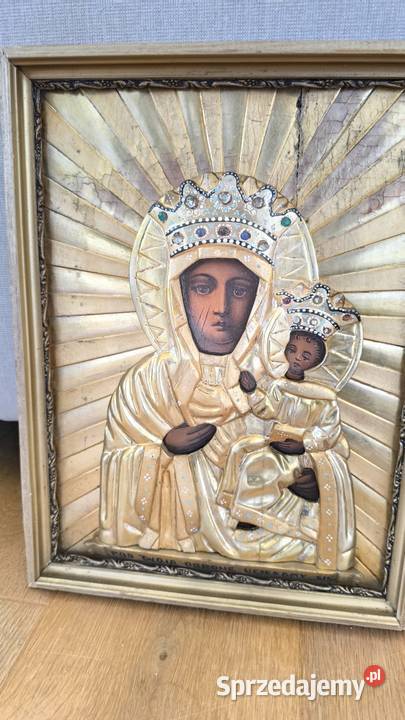 Piękna oryginalna XIX wieczna ikona Matka boska łódzkie