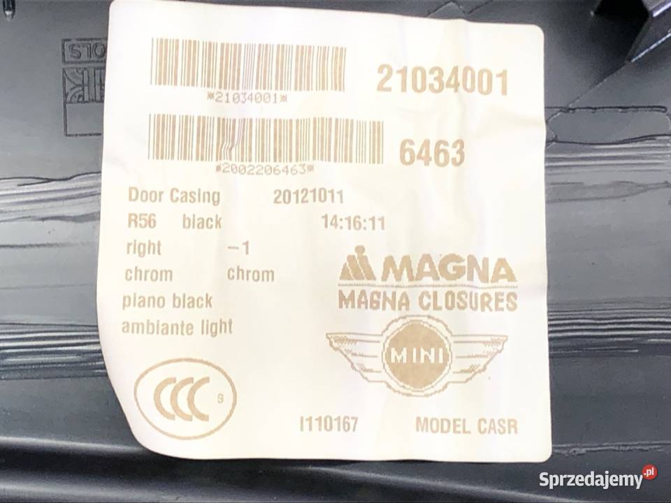 BOCZEK DRZWI PRAWY PRZÓD MINI CLUBMAN R55