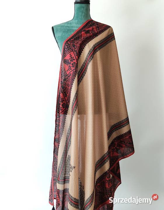 Duża chusta szal dupatta beż wzór geo bawełna Moda i Styl zachodniopomorskie Szczecin