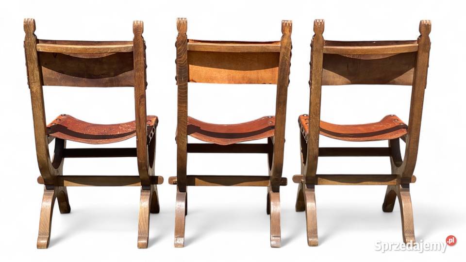 Zestaw 3 dębowych krzeseł vintage skóra Gryfice