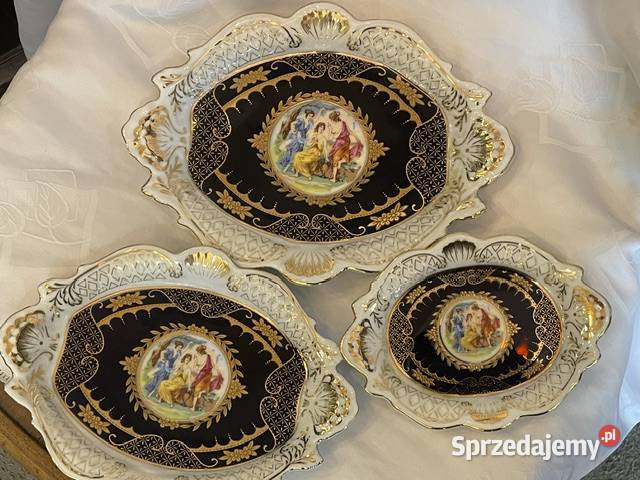 Elegancki zestaw 3 ozdobnych talerzyków kobalt małopolskie Kraków sprzedam