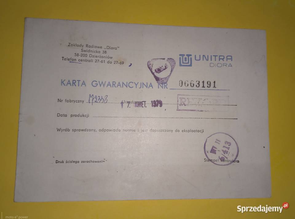 Sprzedam kartę gwarancyjną unitra diora