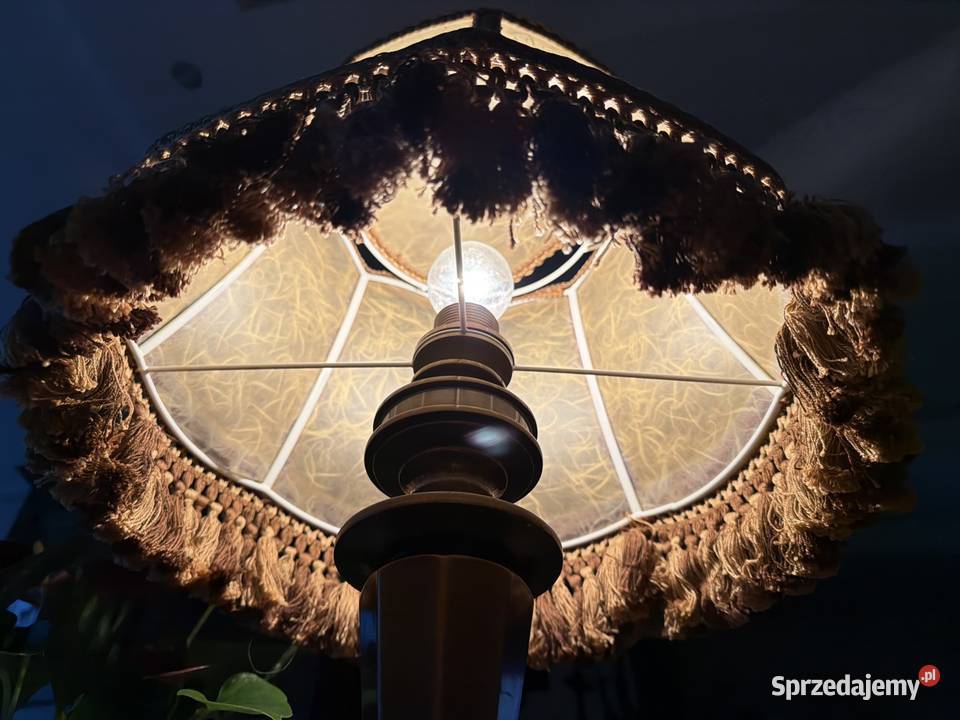 przepiękna mosiężna lampa lampka skórzany abażur Bystrzyca Kłodzka