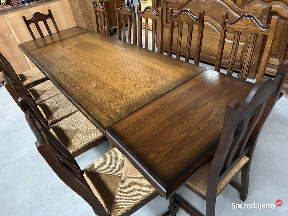Masywny dębowy stół rozkładany 3m 12 krzeseł 100 Sławoszewek