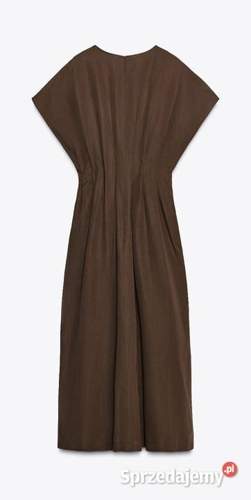 Sukienka midi z zakładkami i kieszeniami brązowa Bez wzoru Warszawa